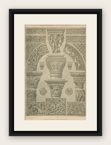 Byzantine and Romanesque Architectural Ornament Print by H. Dolmetsch, 1887, shown framed