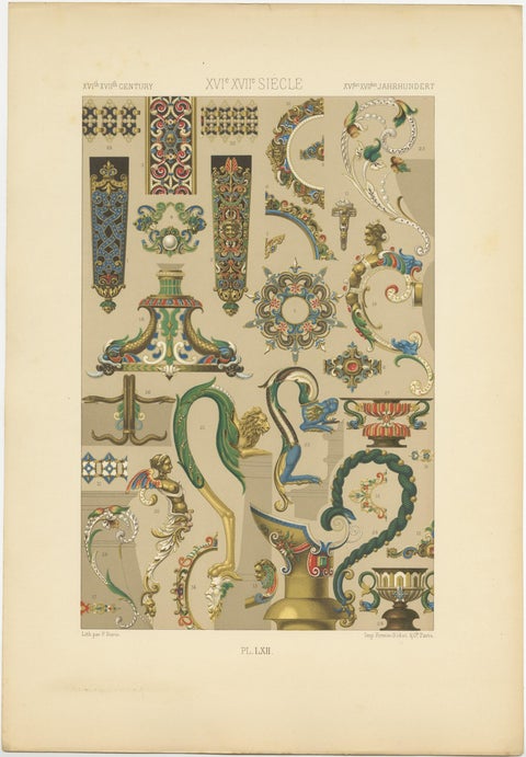Pl. 62 Antique Print of 16th-17th Century Ornaments by Racinet, 'circa 1890', view 3