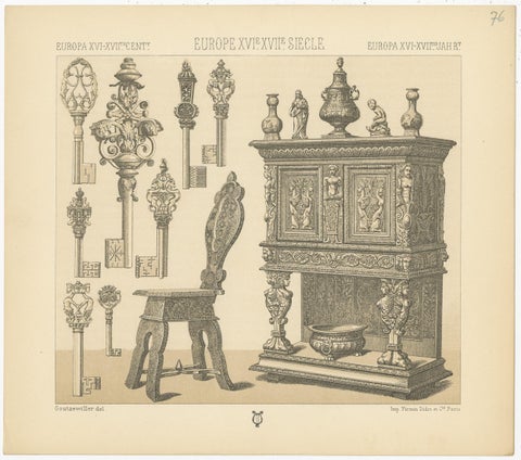 Pl. 76 Antique Print of European XVIth-XVIIth Furniture by Racinet, circa 1880, view 3