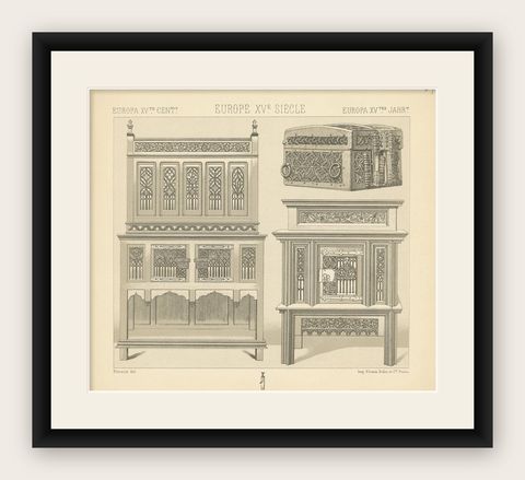 Pl. 34 Antique Print of European 15th Century Furniture by Racinet, circa 1880, shown framed