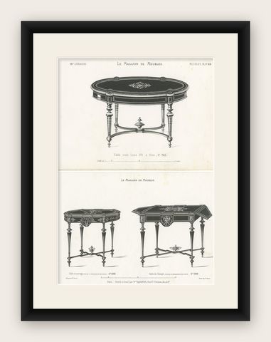 Set of 2 Antique Furniture Prints of Various Tables by Quetin, circa 1860, shown framed