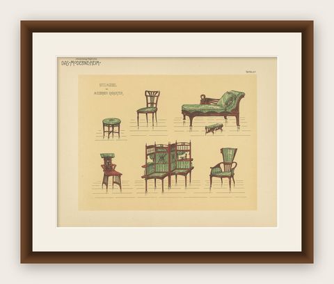 Pl. 57 Antique Print of Seating Furniture by Kramer, circa 1910, shown framed
