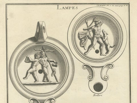 Ancient Lamps in Art: Montfaucon's 18th-Century Engravings, circa 1722, close-up 4