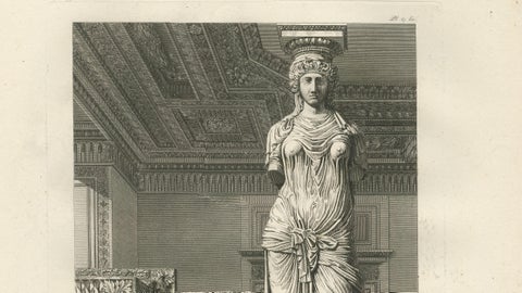 Antique Caryatid Sculpture of the Louvre Interior, Baltard Paris 1803, close-up 5