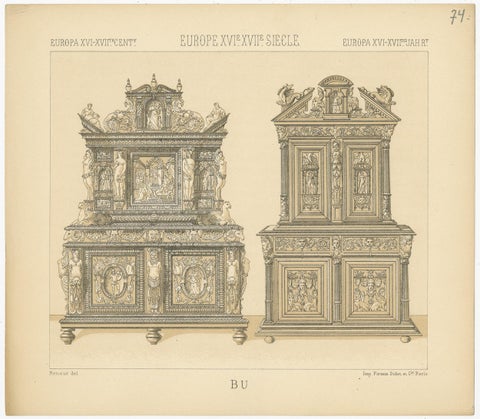 Pl. 74 Antique Print of European XVIth-XVIIth Furniture by Racinet 'circa 1880', view 4