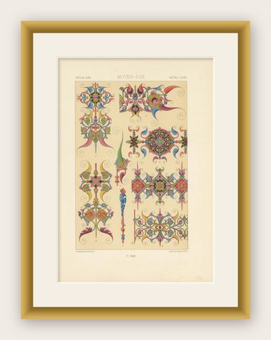 Pl. 42 Antique Print of Middle Ages Ornaments by Racinet, circa 1890, shown framed