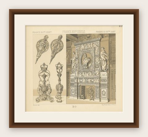 Pl. 68 Antique Print of French Decorative Objects by Racinet, circa 1880, shown framed