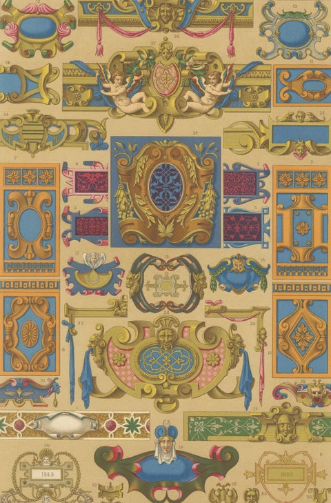 Renaissance Decorative Cartouches & Motifs, Antique Lithograph, ca.1869, close-up 6