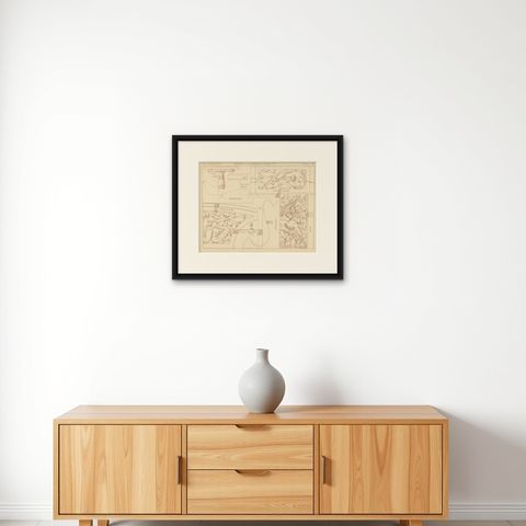 Pl. 40 Antique Print of Furniture Details by Kramer 'circa 1910', shown framed on a wall, true to size