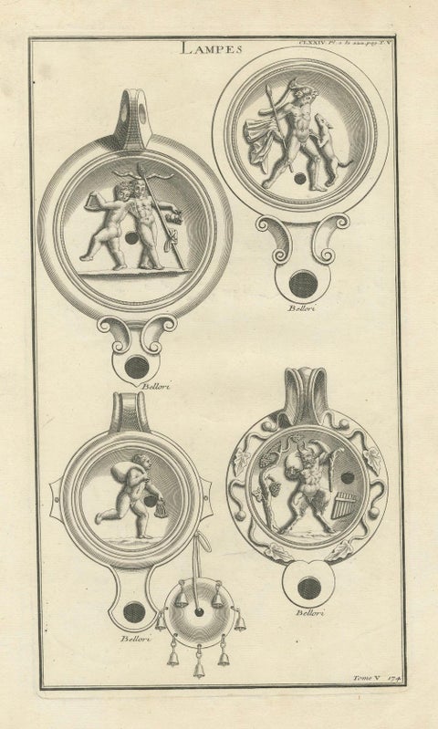 Ancient Lamps in Art: Montfaucon's 18th-Century Engravings, circa 1722, close-up 2