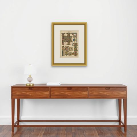 Celtic Manuscript Painting, 1887" from Ornamentenschatz by H. Dolmetsch, shown framed on a wall, true to size