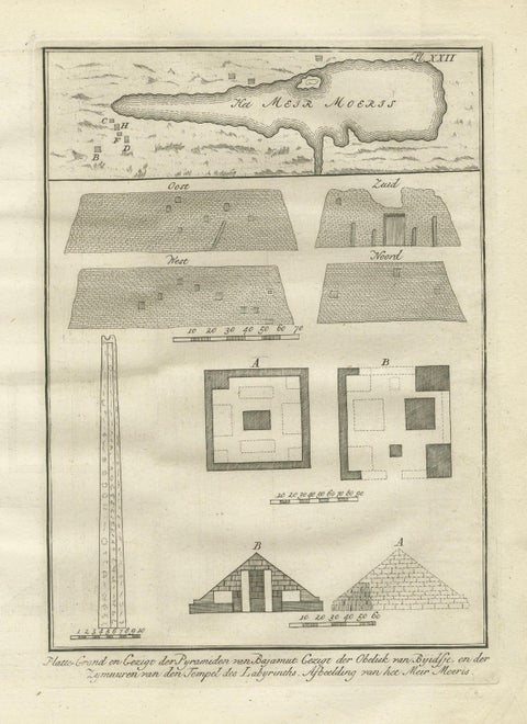 Pyramids of Biahmu, Obelisk of Biggig, and Lake Moeris, Egypt Engraving, 1776, close-up 4