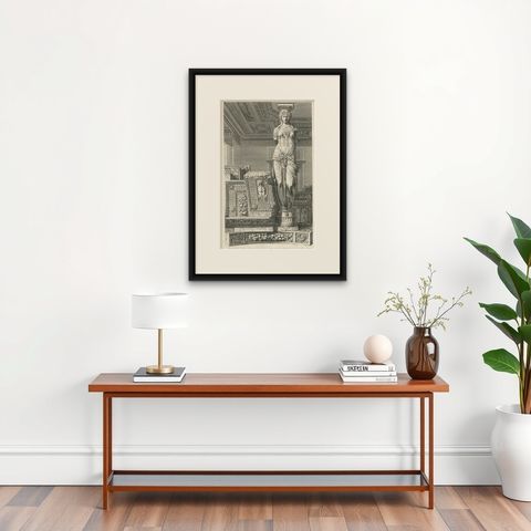 Architectural Engraving of a Caryatid, Cabinet d'Henri IV, by Baltard, ca.1800, shown framed on a wall, true to size
