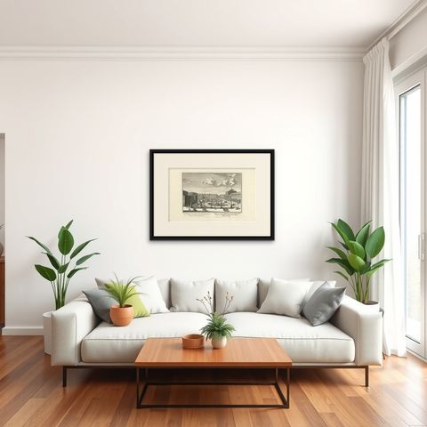 Antique Print of the Lower Building with Ground Floors by Wolff '1738', shown framed in a room, true to size
