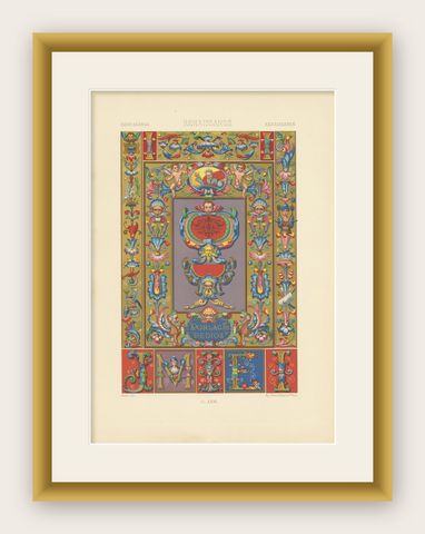 Pl. 63 Antique Print of Renaissance Ornaments by Racinet, circa 1890, shown framed