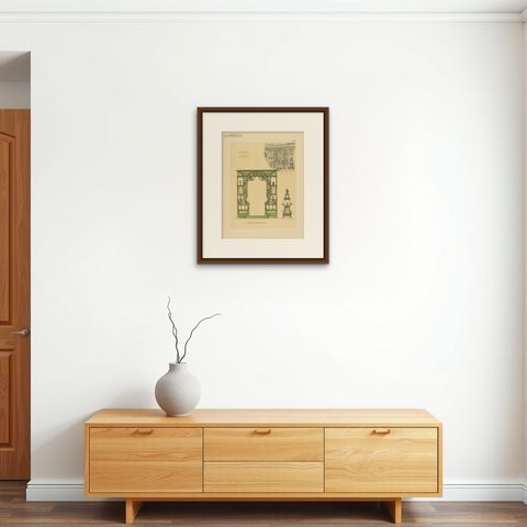 Pl. 55 Antique Print of a Bay Window by Kramer, circa 1910, shown framed on a wall, true to size