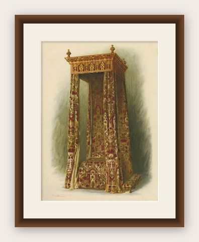 Antique Print of English Furniture 'Upholstered Bed' by P. Macquoid, 1906, shown framed