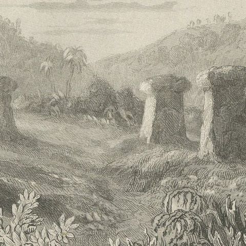 Small Antique Print of Ruins of Ancient Columns on Tinian Island, close-up 2