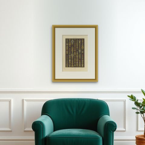 Renaissance Ornament Print, 16th-Century Candlestick and Urn Designs, 1869, shown framed on a wall, true to size