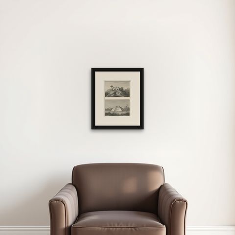 Antique Engravings on One Sheet Depicting Ruins in Mexico, 1857, shown framed on a wall, true to size