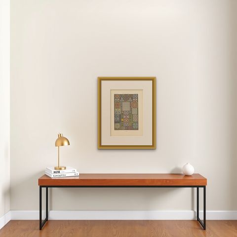 Pl. 45 Antique Print of Middle Ages Ornaments by Racinet, circa 1890, shown framed on a wall, true to size
