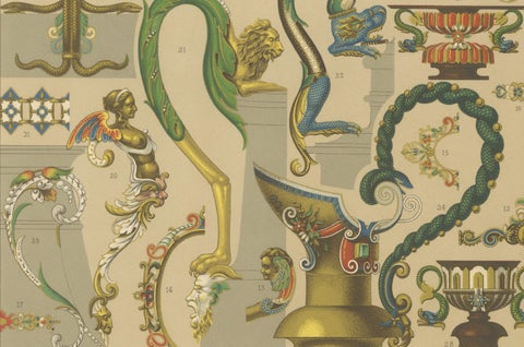 Baroque Ornament Details, 16th & 17th Century Design Elements, Plate LXII, 1869, close-up 4