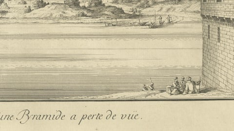 Old Cairo on the Nile with Distant Pyramids, Antique Egypt Engraving, c.1755, close-up 6