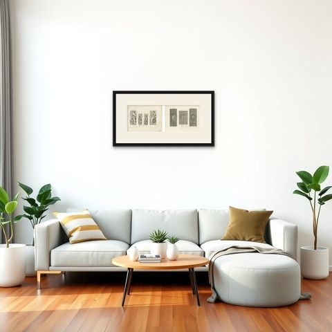 Antique Louvre Sculptures & Institut Ceiling Ornament Prints, Baltard 1803, shown framed in a room, true to size