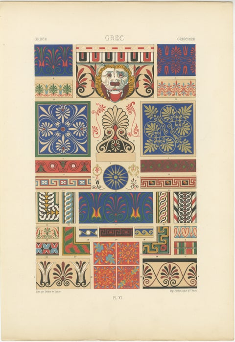 Greek Decorative Borders Chromolithograph, Plate VI, 19th Century