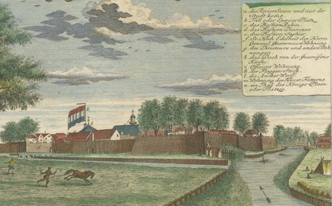 Batavia Castle and Parade Ground, Hand-Coloured Engraving by J.W. Heydt, 1738, close-up 4