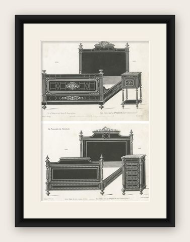 Set of 2 Antique Furniture Prints of a Bed and Nightstand by Quetin, circa 1860, shown framed