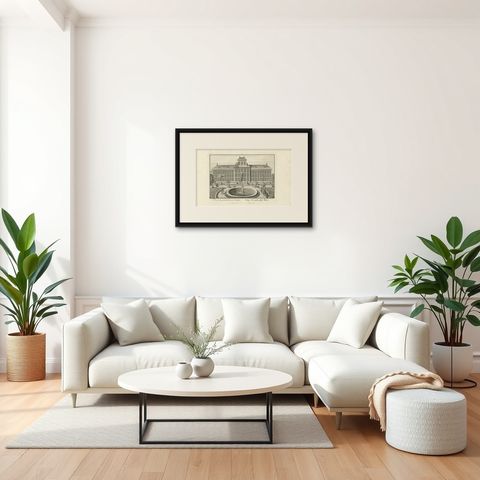 Antique Print of the Large Glass House by Wolff '1738', shown framed in a room, true to size