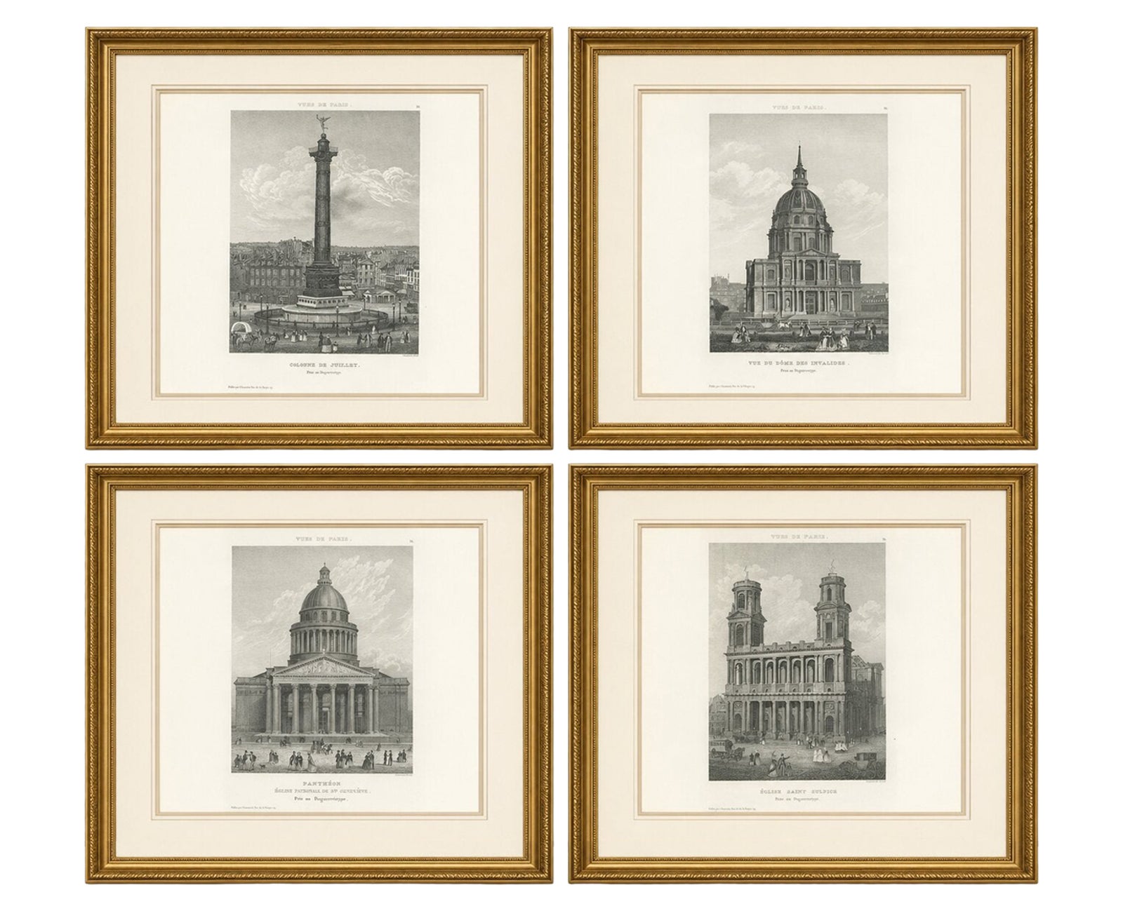 Antique Paris Monuments Set of 4, Pantheon Invalides Bastille Sulpice, c.1855
