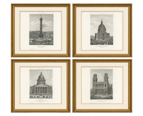 Antique Paris Monuments Set of 4, Pantheon Invalides Bastille Sulpice, c.1855
