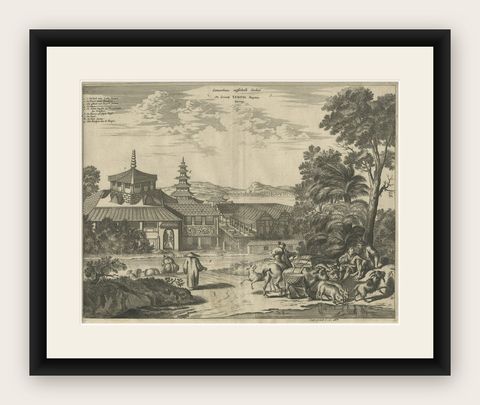 Antique Print of the Great Temple in Osaka, Japan, shown framed