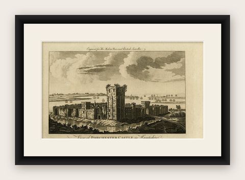 Original Antique Engraved View of Porchester Castle in Hampshire, ca.1780, shown framed