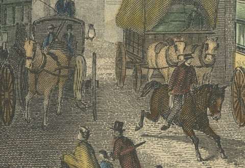 1829 Etching of Temple Bar in Bustling Regency London, close-up 2