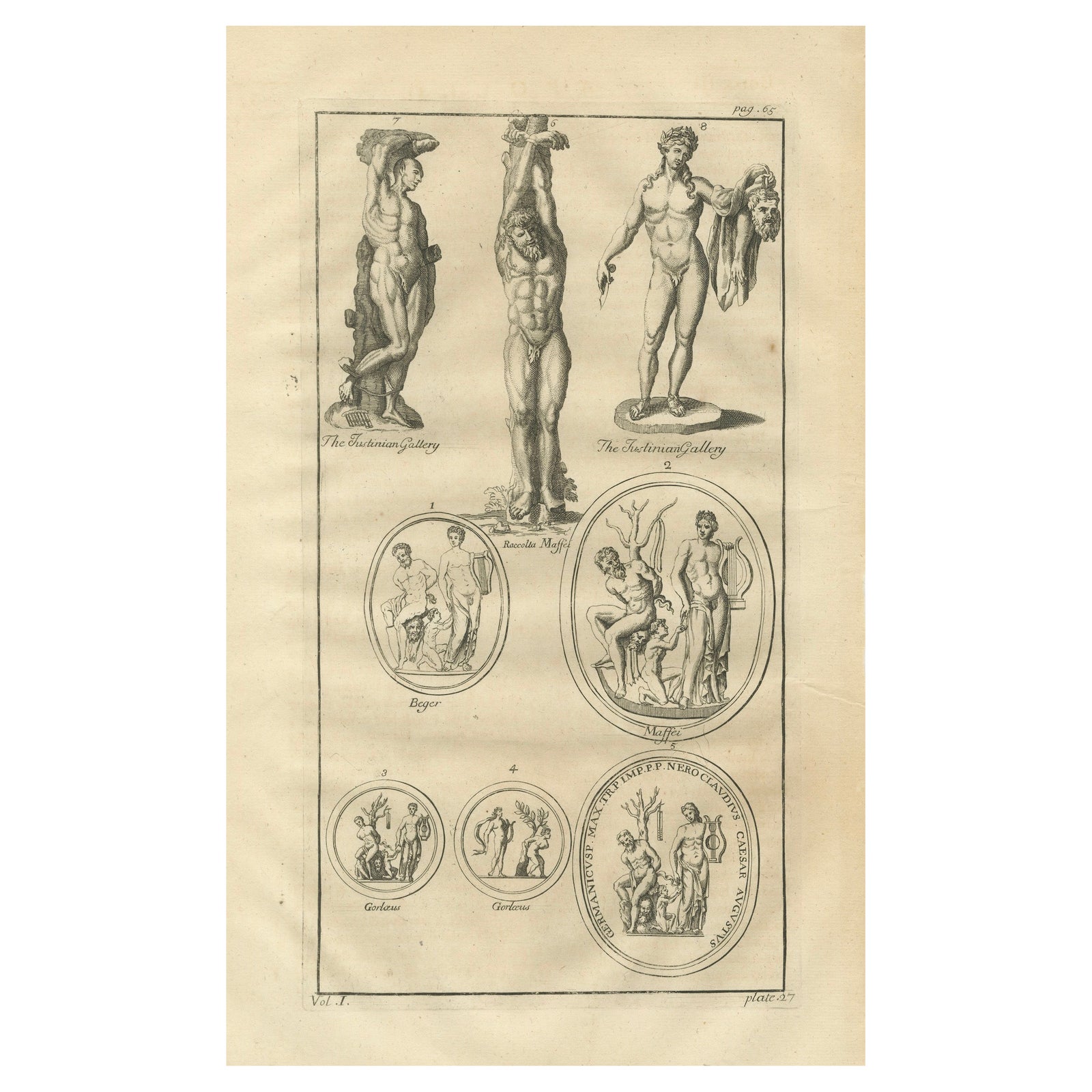Antique Roman Statues & Medals Plate, Montfaucon, Antiquity Explained, 1721