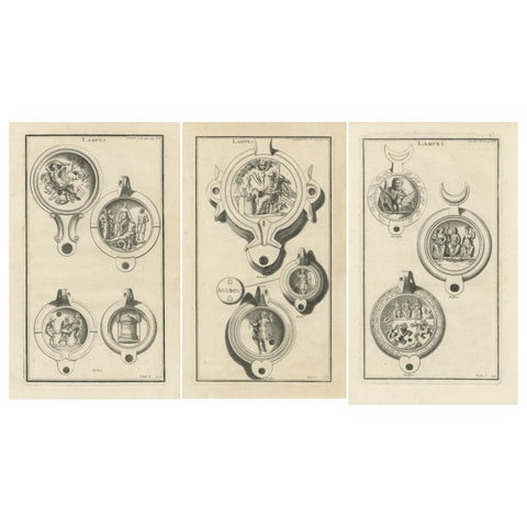 Original Classical Lamp Engravings: Montfaucon's Collection, Published in 1722