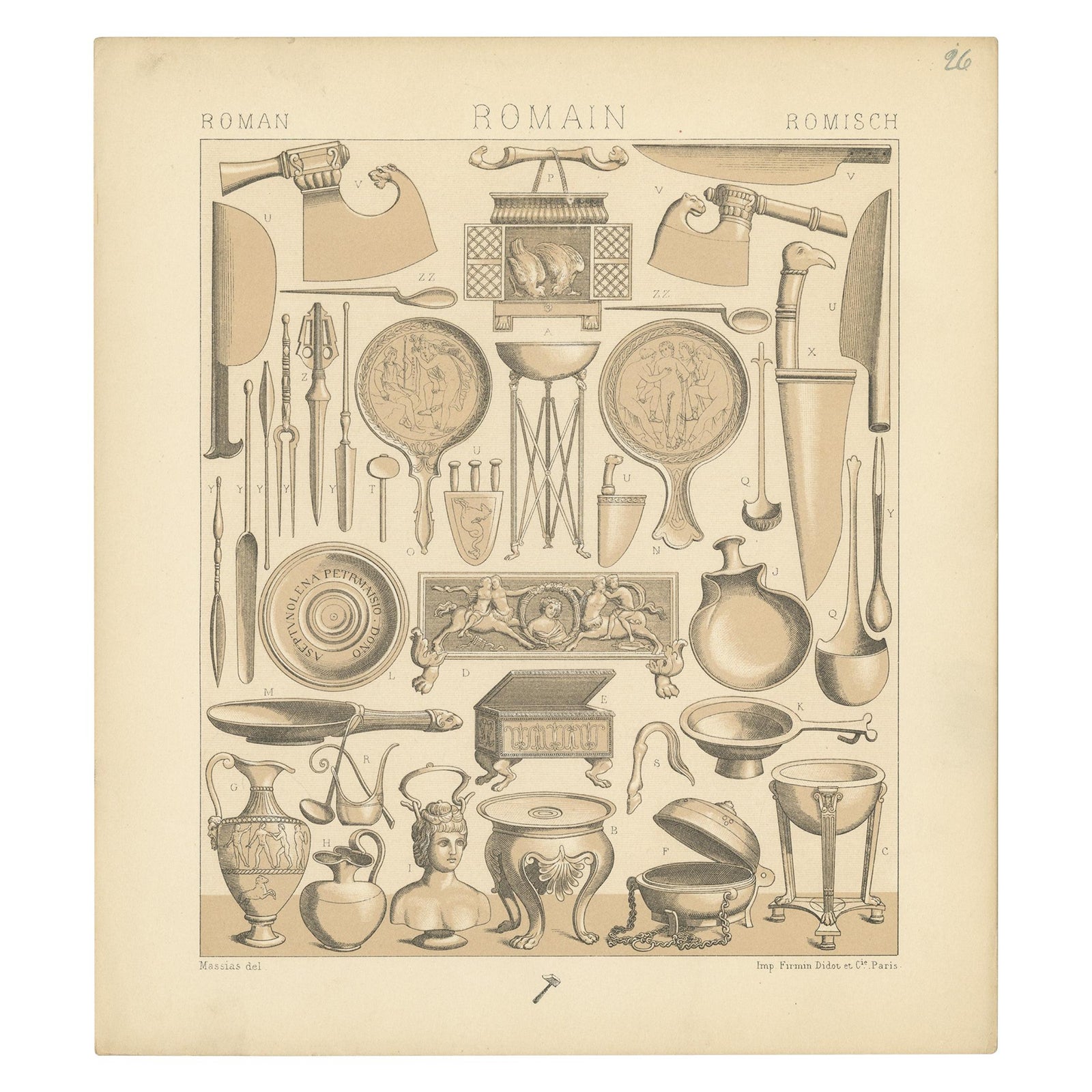 Pl. 26 Antique Print of Roman Decorative Objects by Racinet, 'circa 1880'