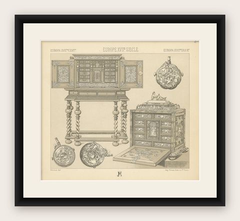 Pl 85 Antique Print of European 17th Century Furniture by Racinet, shown framed