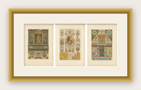 Set of Three Renaissance Decorative Panel Chromolithographs by Racinet, 1873, shown framed