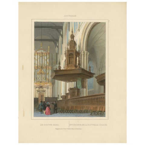 Antique View of Nieuwe Kerk Interior, Amsterdam, Hand-Colored Lithograph, c.1850