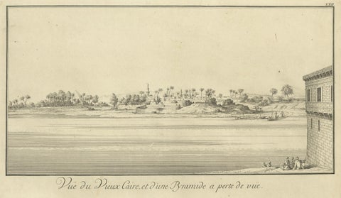 Old Cairo on the Nile with Distant Pyramids, Antique Egypt Engraving, c.1755, close-up 2