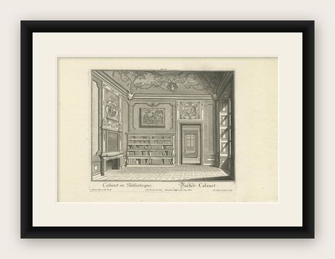 Decorative Antique Print of a Book Cabinet and Library by Wolff, ca.1737, shown framed