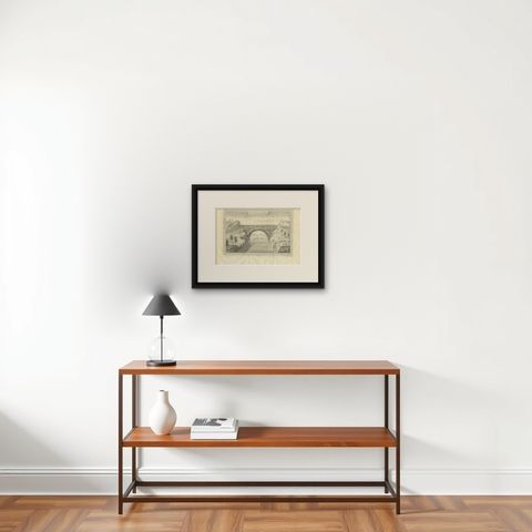 Antique Print of the Flying Bridge in China, 1746, shown framed on a wall, true to size