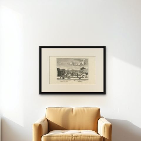 Antique Print of the Lower Building with Ground Floors by Wolff '1738', shown framed on a wall, true to size