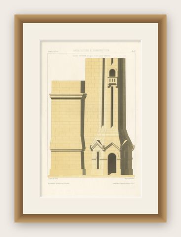Antique Architecture Print of the Construction of a Bridge by Delarue, ca.1880, shown framed