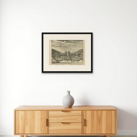 Antique Print of the 'Ouderhoek' Estate by Stoopendaal, 1719, shown framed on a wall, true to size