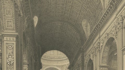 Interior of St. Peter’s Basilica Vatican Rome, Benoist Lithograph 1869, close-up 2
